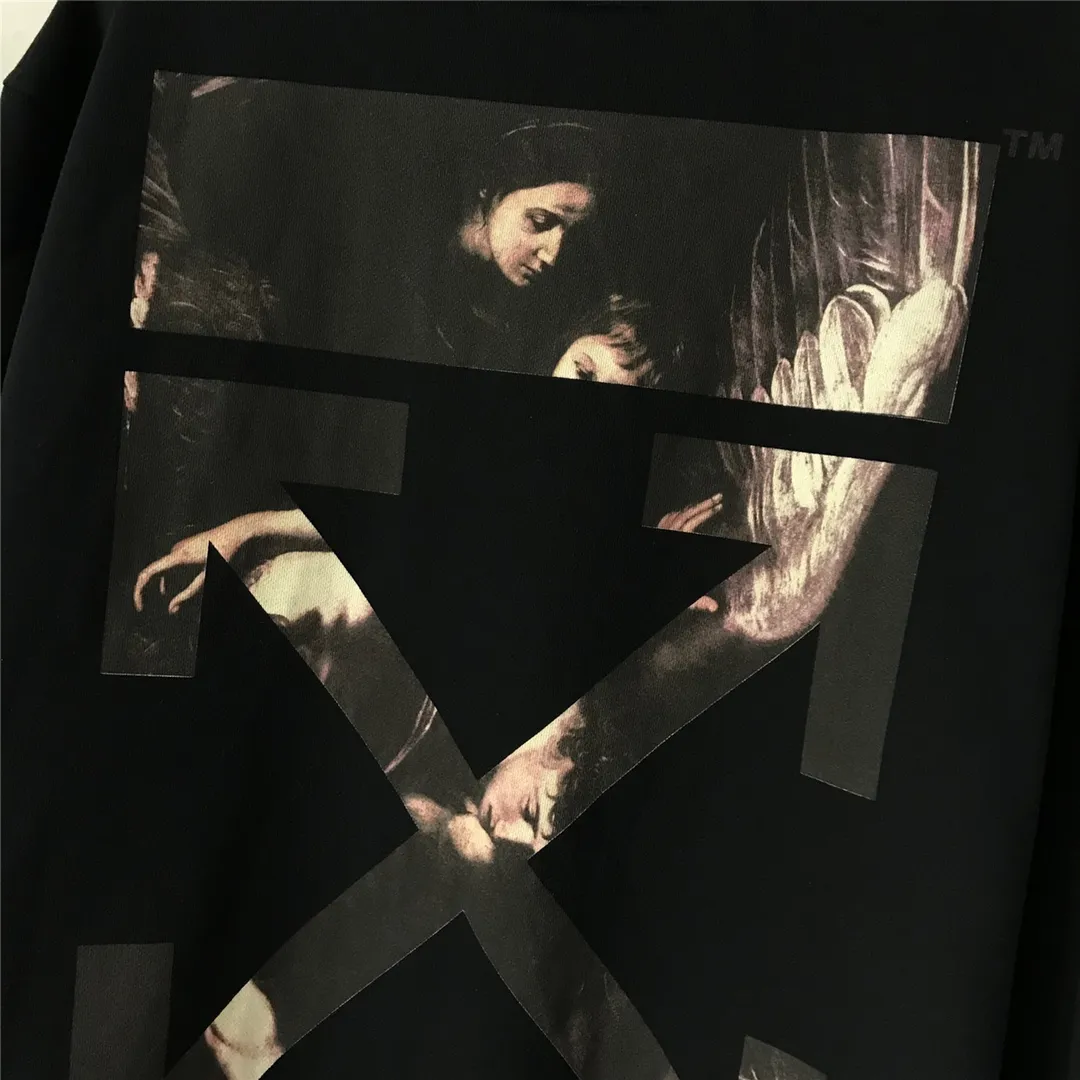 Top tested version OFF WHITE OW Certified Angel Wings Madonna Religious Oil Painting Men's and Women's Round Neck Zipper Cardigan Sweater The A mark on the neckline is a 3M reflective mark, customized model, not an embroidery mark, first look for identification.  The Renaissance-themed Caravaggio Madonna oil painting is inspired by one of Caravaggio's famous oil paintings, with a strong religious color! World treasures, top-notch paintings, and walking art pieces follow the original craftsmanship and use 5-color glue to create an effect. It is not offset printing, but many people on the market use Kornit direct inkjet instead. Whether it is the top version, touch the printing with your hand. The correct process is that it has a frosted feel. This is also a way to identify the uniqueness of the product. The fabric is 100% combed cotton terry fabric, 480 grams, ensuring the originality of the craftsmanship! Secondly, the tag rope of this model hangs from the collar tag, not the side rope. Customized auxiliary materials, complete accessories, consistent zp, hang tags, collar labels, and washed labels, feel free to compare!   Color: Black White Size Chart